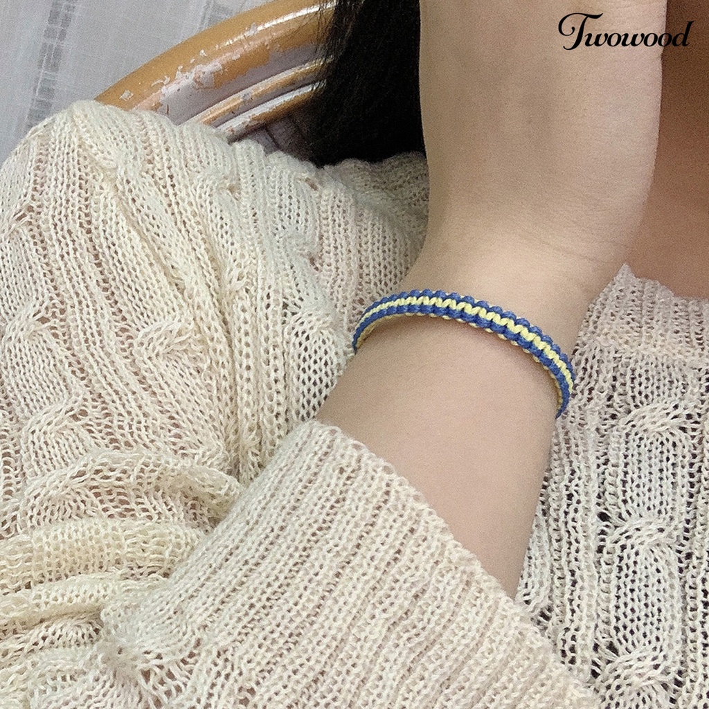 Twowood Tenun Tangan Tali Kuat Dikepang Gelang Tahan Aus Gaya Etnik Biru Kuning Patchwork Adjustable Gelang Perhiasan Aksesoris