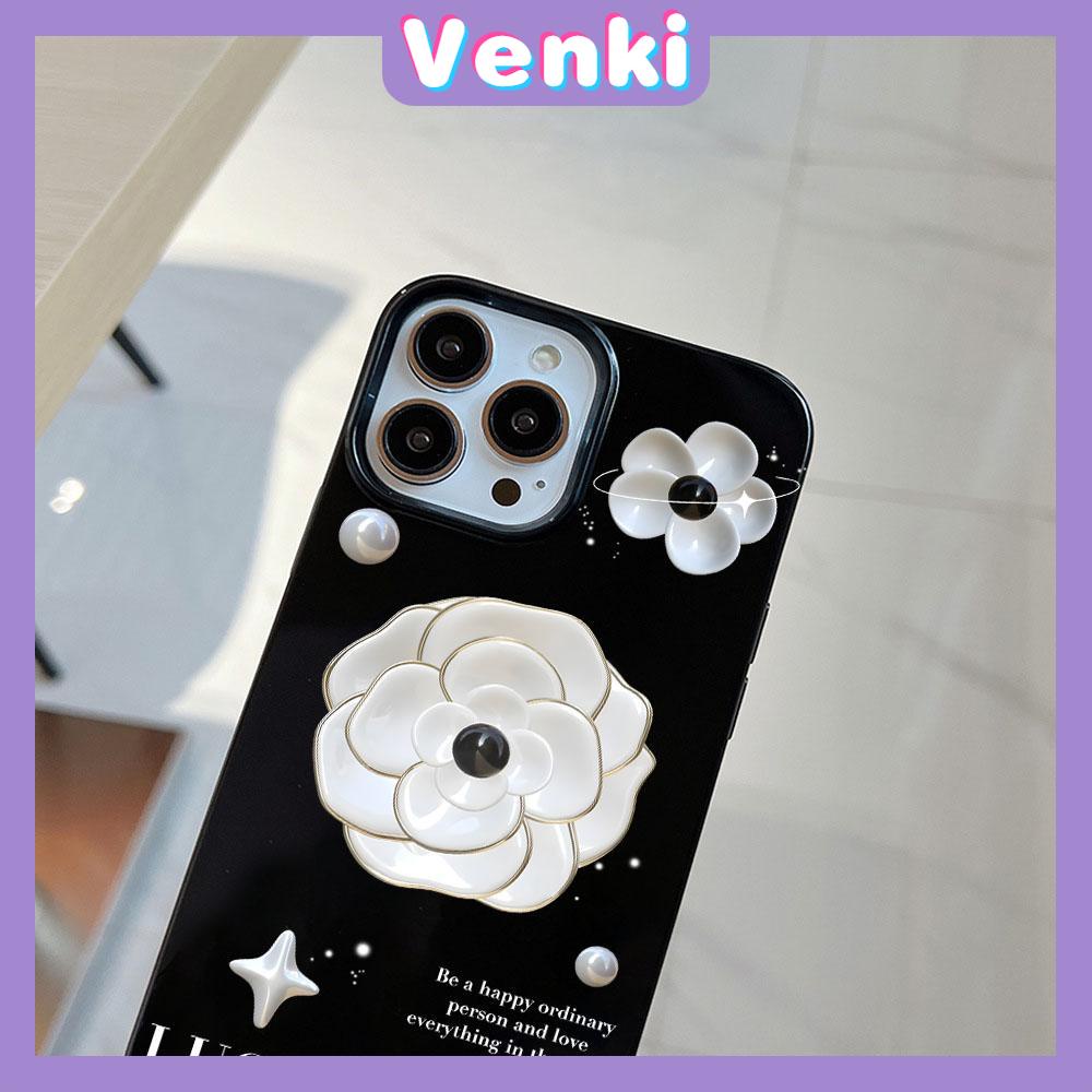 VENKI - For iPhone 11 iPhone Case Black Glossy TPU Soft Case Shockproof Protection Camera White Flowers Compatible with iPhone 14 13 Pro max 12 Pro Max xr xs max 7Plus 8Plus