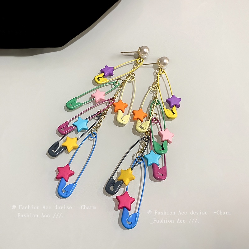 Anting Rumbai Bintang Warna-Warni Mewah Ringan Versi Korea Klip Kertas Anting Mutiara Panjang Perempuan