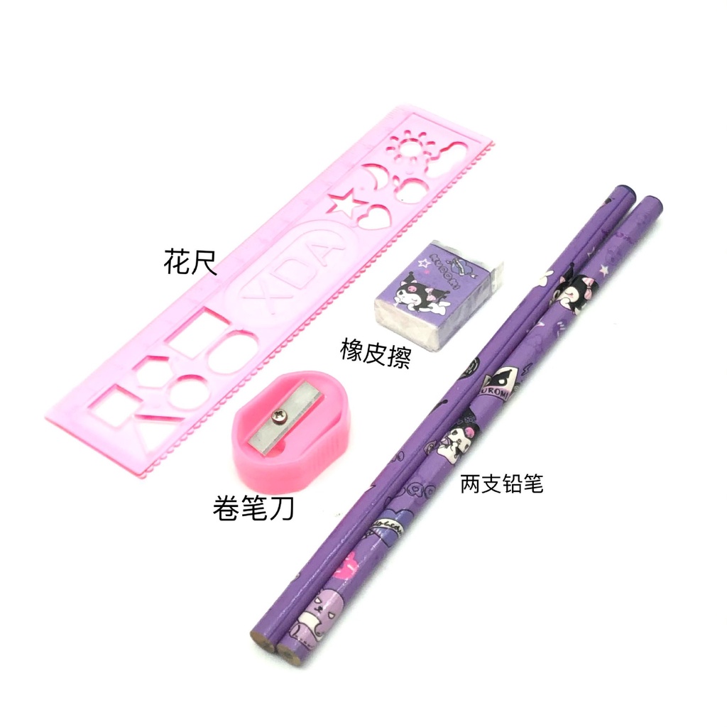 (8pcs) set alat tulis sanrio /alat tulis 8 in 1 pensil penghapus penggaris rautan cinnamorooll kuromi melody/ kado anak sekolah