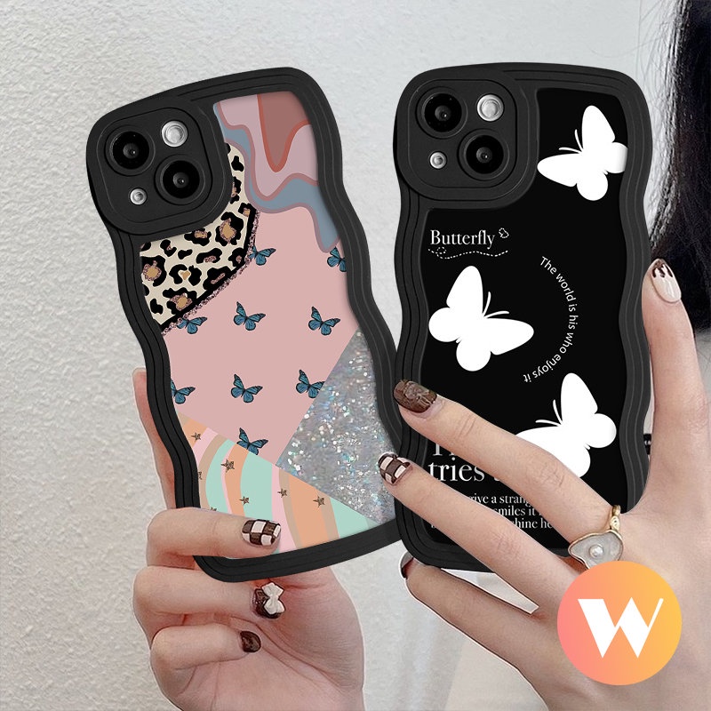 IPHONE Silicon Lembut Tpu Kembali Full Phone Case Untuk Iphone11 12 13 14 Pro Max 7Plus XR X XS Max 6 8 6s 7 Plus 14 SE 2020 Ins Fashion Retro Fantasi Kupu-Kupu Bergelombang Penutup Tepi