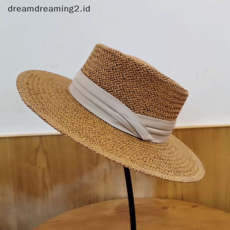 (drea) Topi Jerami Alami Topi Pantai Pria Topi Cekung Datar Pelindung Visor Topi Perahu Matahari//