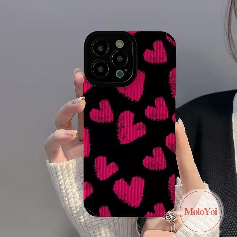 IPHONE Stiker Tekstur Shockproof Case Eropa Dan Amerika Kompatibel Untuk Iphone11 12 14 13 Pro MAX 7Plus 8 7 Plus XR X XS MAX Kulit Mewah Retro Pink Cinta Hati Telepon Lembut Tpu Cover