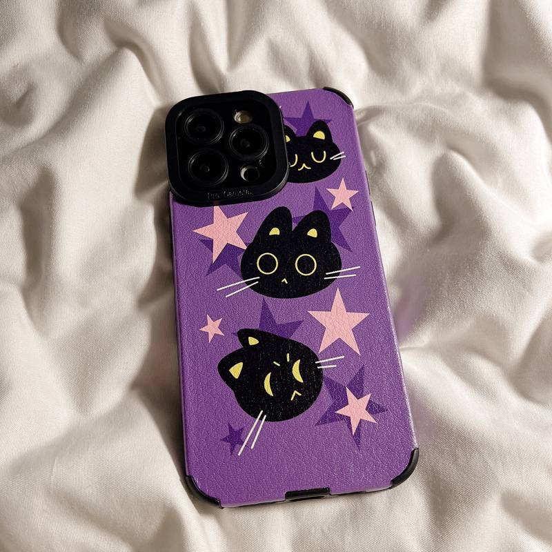 Soft sheepskin Leather Case IPhone 6S 7 8 Plus SE 2020 X XR XS Max 11 12 13 14 Pro Max 14 Plus Camera Protect for Girl women Cute Cat Star Purple