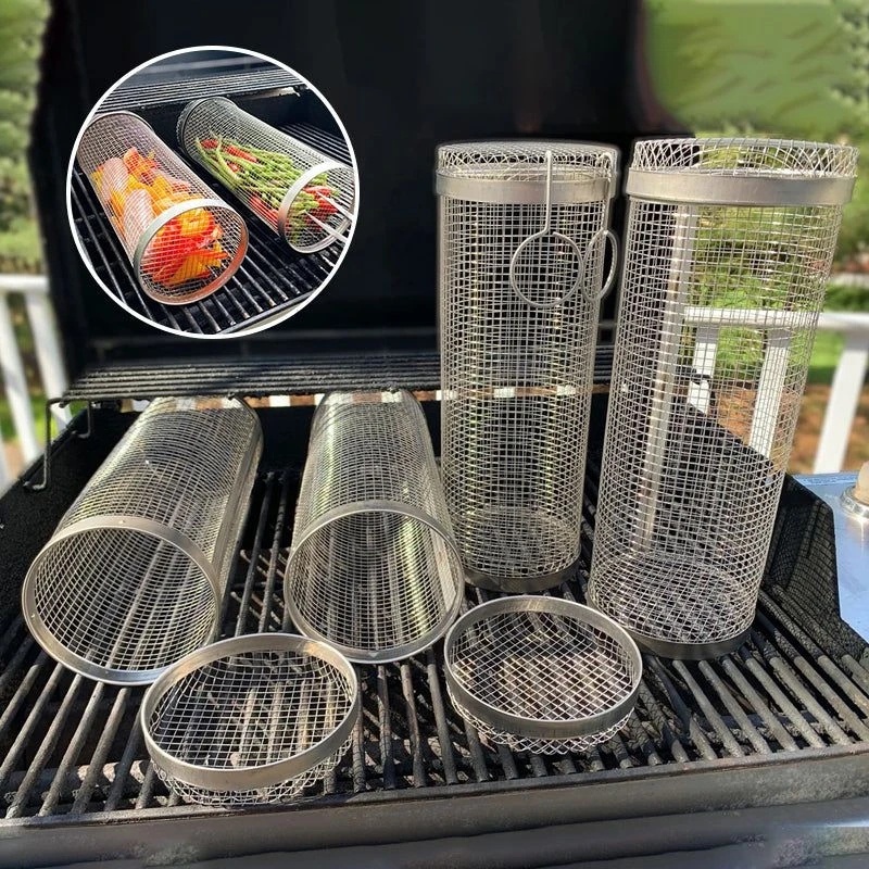 Round BBQ Mesh Barrel with Handle Portable Irit Alat Masak Stainless Steel Makanan Memanggang Keranjang Tahan Panas Panggang Rolling Cylinder