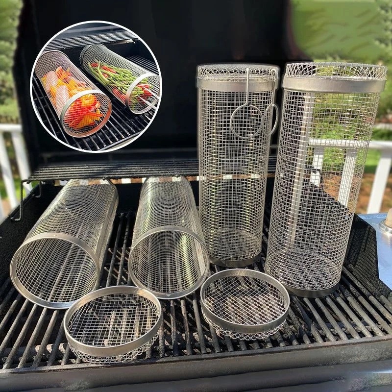 Tahan Panas Panggang Rolling Cylinder Portable Efisien Alat Masak Stainless Steel Makanan Memanggang Keranjang Bulat BBQ Mesh Barrel Dengan Pegangan