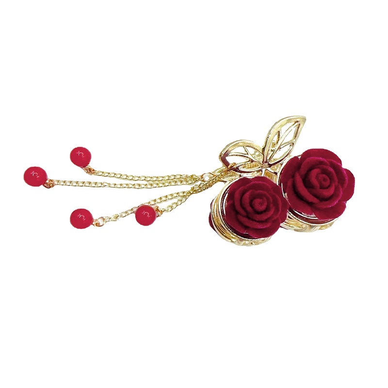 Gaya Cina Red Flocked Rose Hair Clip Indah Cherry Rumbai Aksesori Rambut Wanita - SG