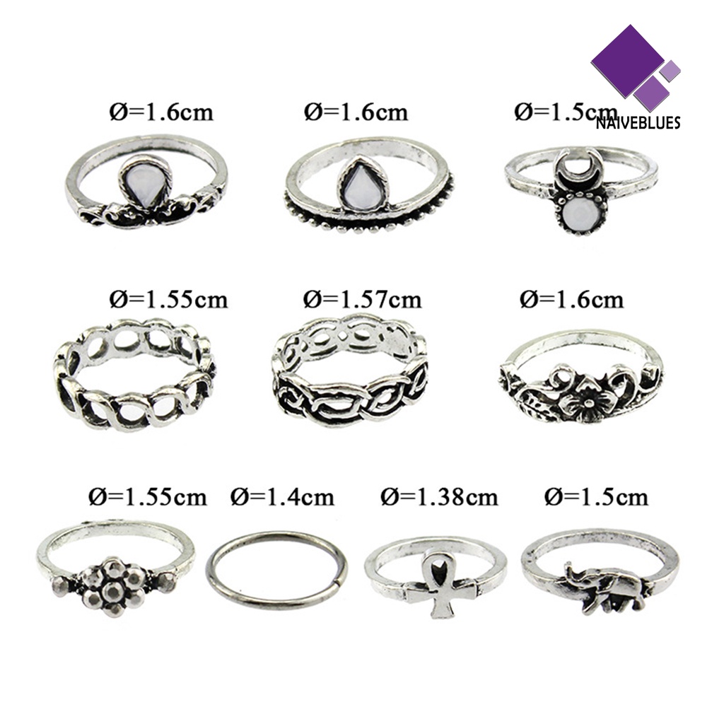 &lt; Naiveblues &gt; 10Pcs/Set Cincin Jari Buku Jari Vintage Anti Karat Bunga Hollow Wanita Untuk Camping