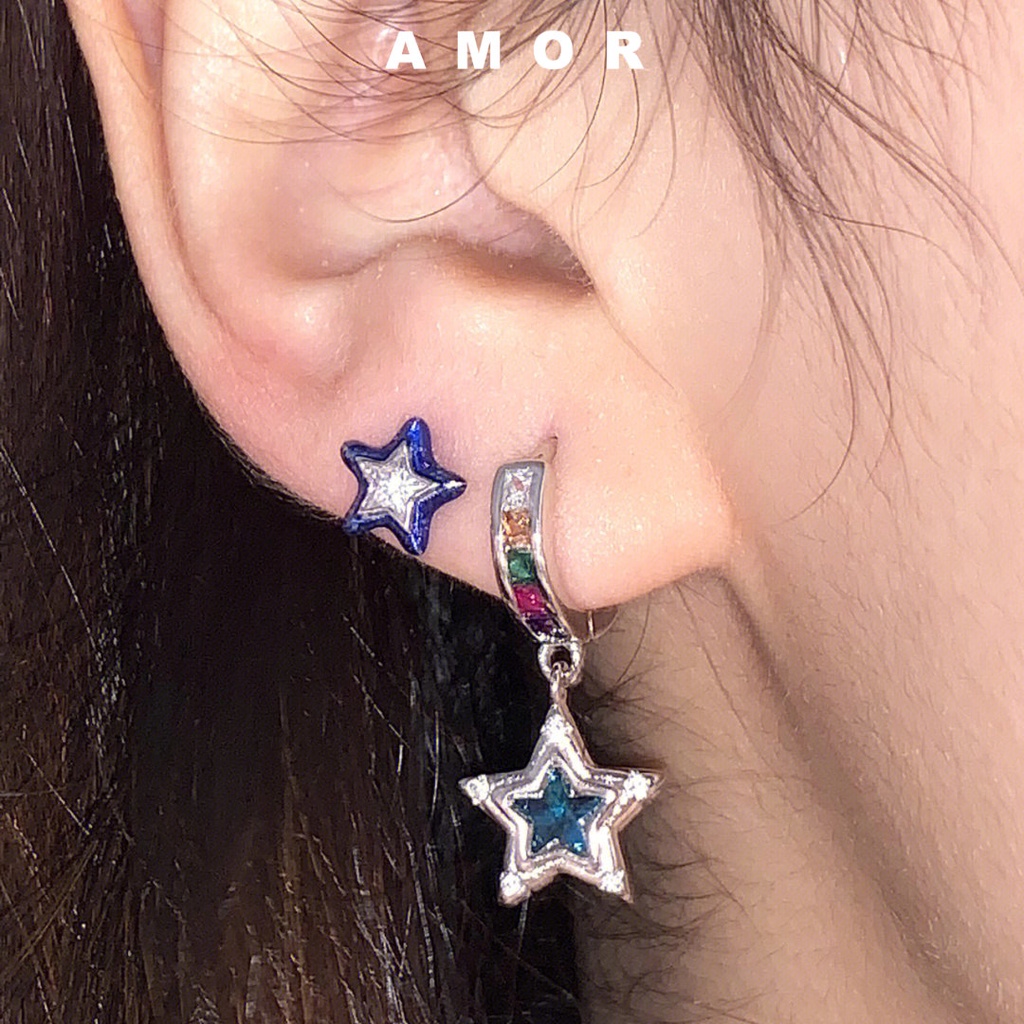 Anting Berlian Warna pentagram Biru Bintang Y2K Perempuan