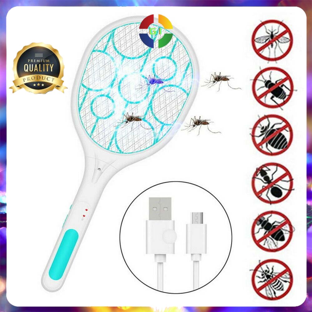 Raket Nyamuk Mosquito Swatter USB Rechargeable Lightning Racket Blue