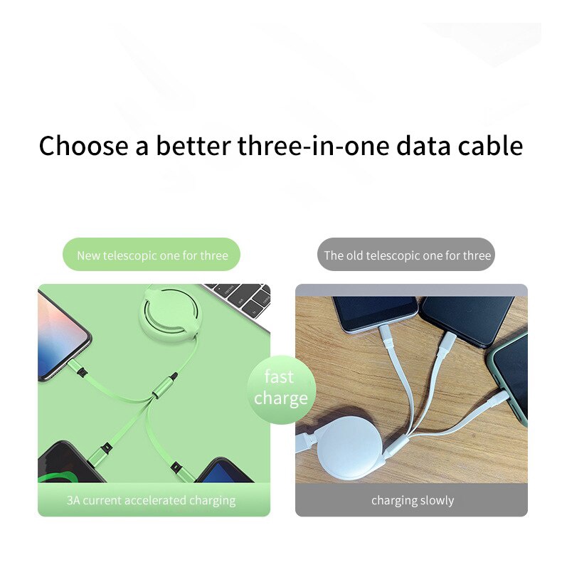 1.2m Kabel Data 3-in-1 Yang Dapat Ditarik/Kabel Data Satu Ke Tiga Untuk Android Tipe-c Iphone Ponsel Kawat Aksesoris Telepon USB