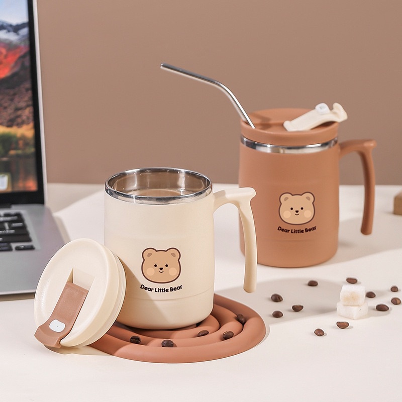 DEAR LITTLE BEAR CUTE MUG / GELAS KOPI TEH MOTIF TEDDY BEAR COKLAT / CANGKIR 304 STAINLESS STEEL MUG PREMIUM GELAS KOPI TEBAL TAHAN PANAS / THERMOS BAHAN STAINLESS STEEL / KOFI 500 ML STAINLESS STEEL MUG