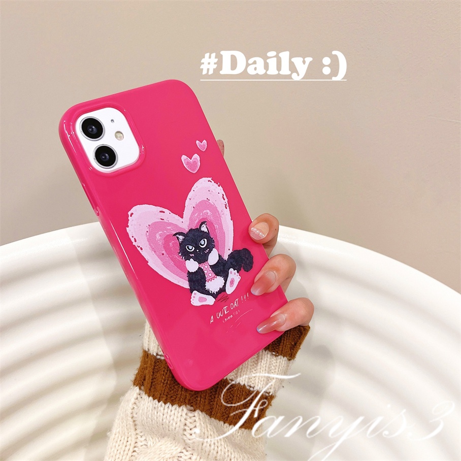 Compatible For iPhone 14 13 12 11 Pro Max X XR Xs Max 8 7 6 6s Plus SE 2020 Kompatibel Untuk Black Cat Heart Pink Permukaan Glossy Phone Case TPU Silikon Lembut Cover Pelindung