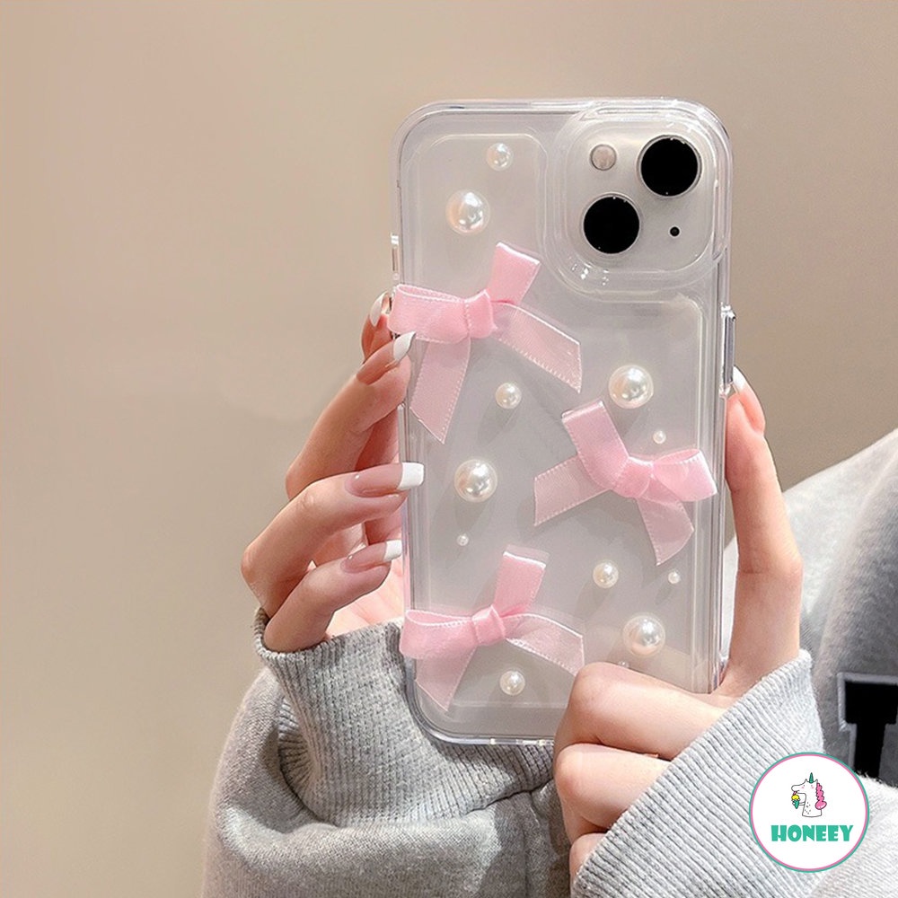 IPHONE Korea Lucu 3D Mutiara Pita Busur Lembut Transparan Phone Case Untuk Iphone14 13 12 11 Pro Max 14 Pro Lembut Shockproof Cover