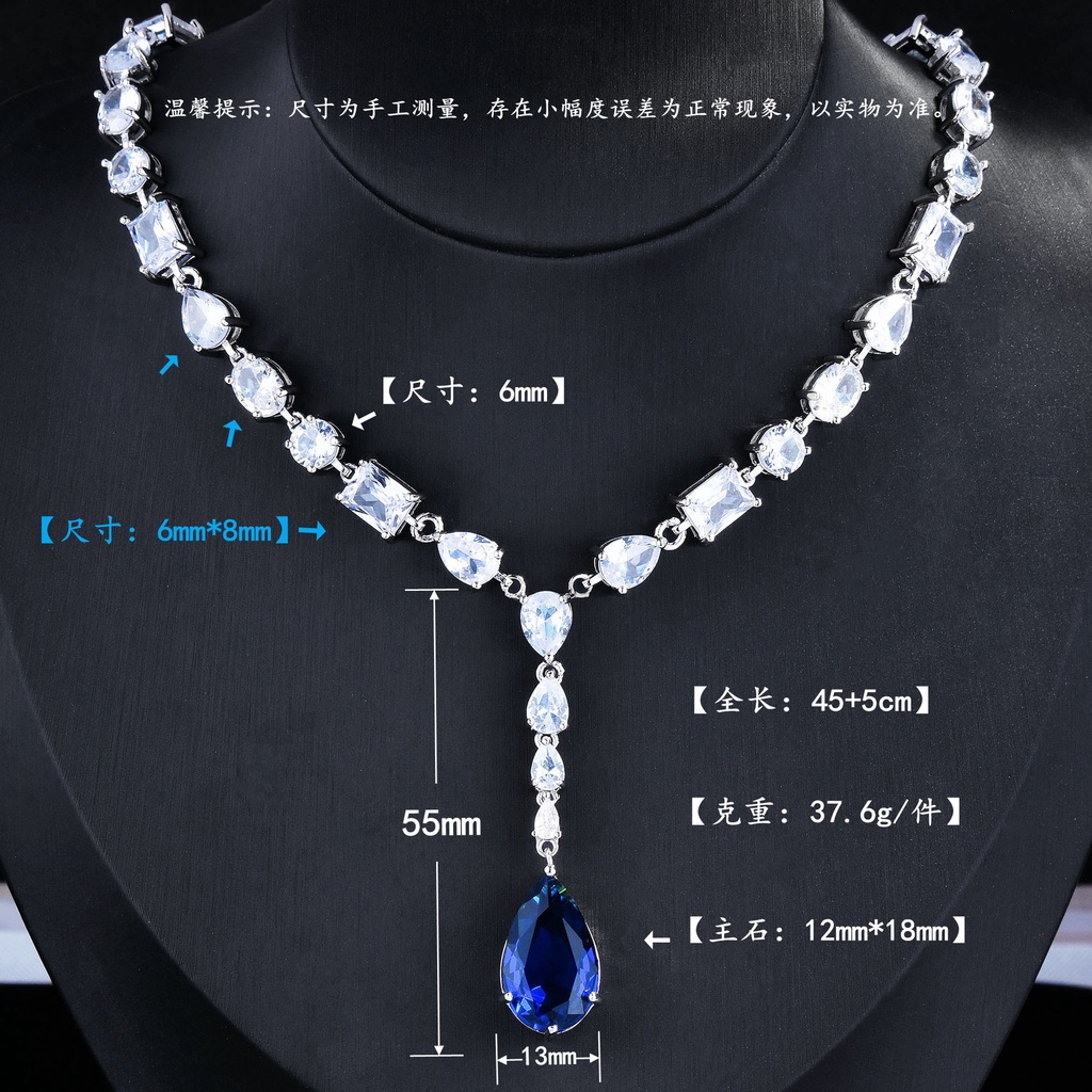Goldkingdom Aksesoris Perhiasan Fashion Ready Stock Azure Bintang Royal Sapphire Berbentuk Pir Kalung Dengan Berlian Briliant Rakitan Set Rantai