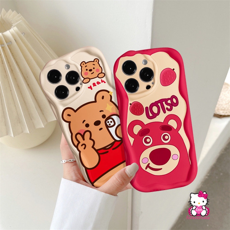 Lovely Bear Manyo 3D Wavy Curved Edge Glossy Case Untuk Redmi Note11 9 11s 10S 10 10Pro Max8 Redmi 10C 9C NFC 9A 10 9 A2 A1 10A 9T POCO M3 Cute Winnie The Pooh Soft Tpu Cover