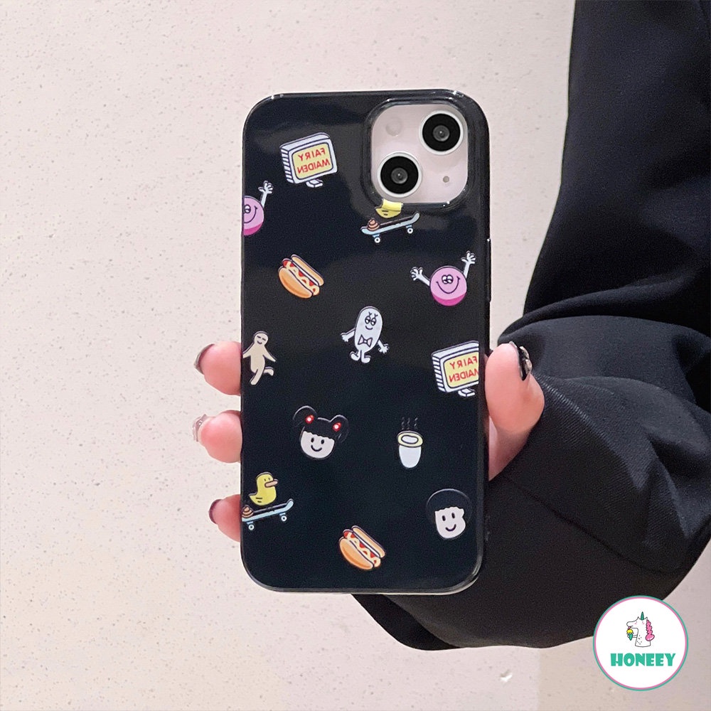 IPHONE Kartun Lucu Stiker Layar Penuh Ponsel Case Kompatibel Untuk Apple14 Untuk Iphone11 13 14 12 Pro Max XS XR 78 Plus Hitam Glossy Lembut TPU Shockproof Cover