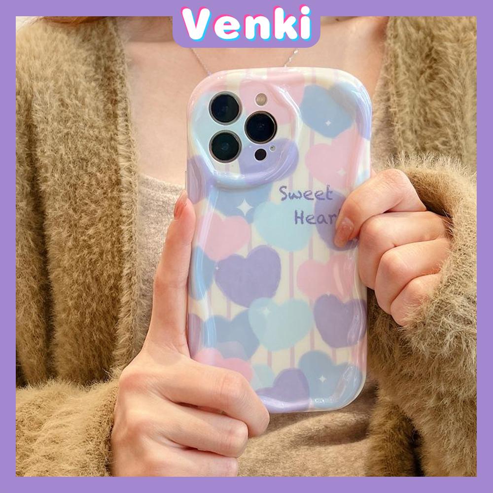 VENKI - For iPhone 11 Phone Case Curved Edge Wave Case Glossy Black TPU Airbag Shockproof Camera Case Pink Blue Heart Compatible with iPhone 14 13 Pro max 12 Pro Max xr xs max 7 8