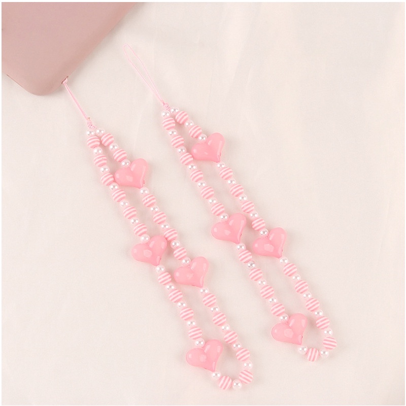 Wanita Pink Pendek Tali Telepon Handmade Love Heart Bergaris Bulat Manik-Manik Rantai Untuk iPhone Untuk Samsung Untuk OPPO Untuk VIVO Untuk Huawei Untuk Redmi Untuk Xiaomi Case DIY