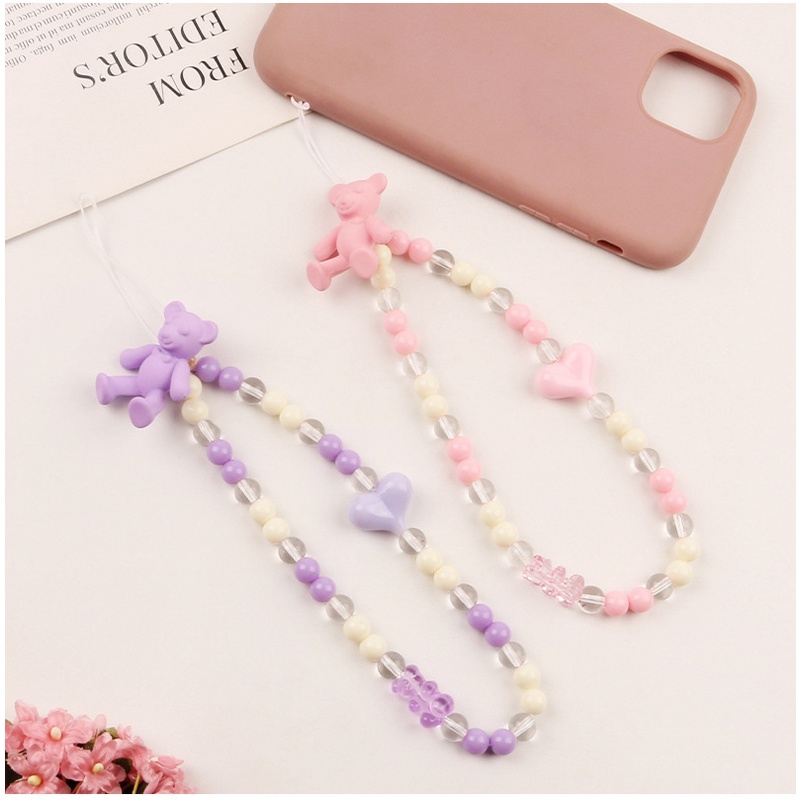 Warna Solid 3D Kartun Teddy Bear Transparan Manik-Manik Rantai Pergelangan Tangan Pendek Anti-Hilang DIY Tali Untuk Universal Phone Case Bluetooth Earphone TWS Covers