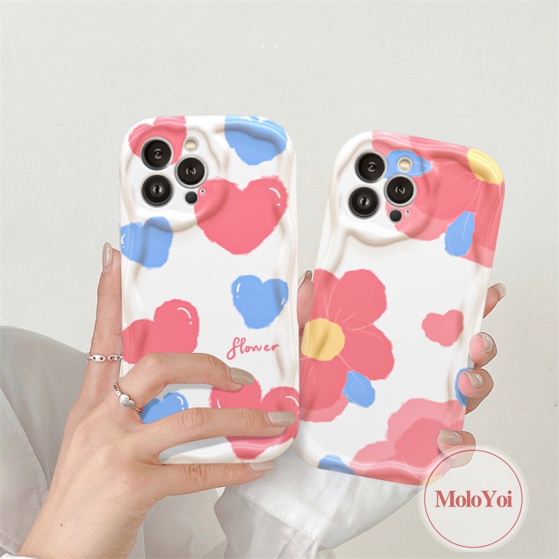 IPHONE Cream Lover Heart Blue Flowers Shockproof Case Kompatibel Untuk Iphone11 12 14 13 Pro Max8 7 6 6s Plus XR XS X Max SE 2020 3D Wavy Curved Edge Soft Tup Cover