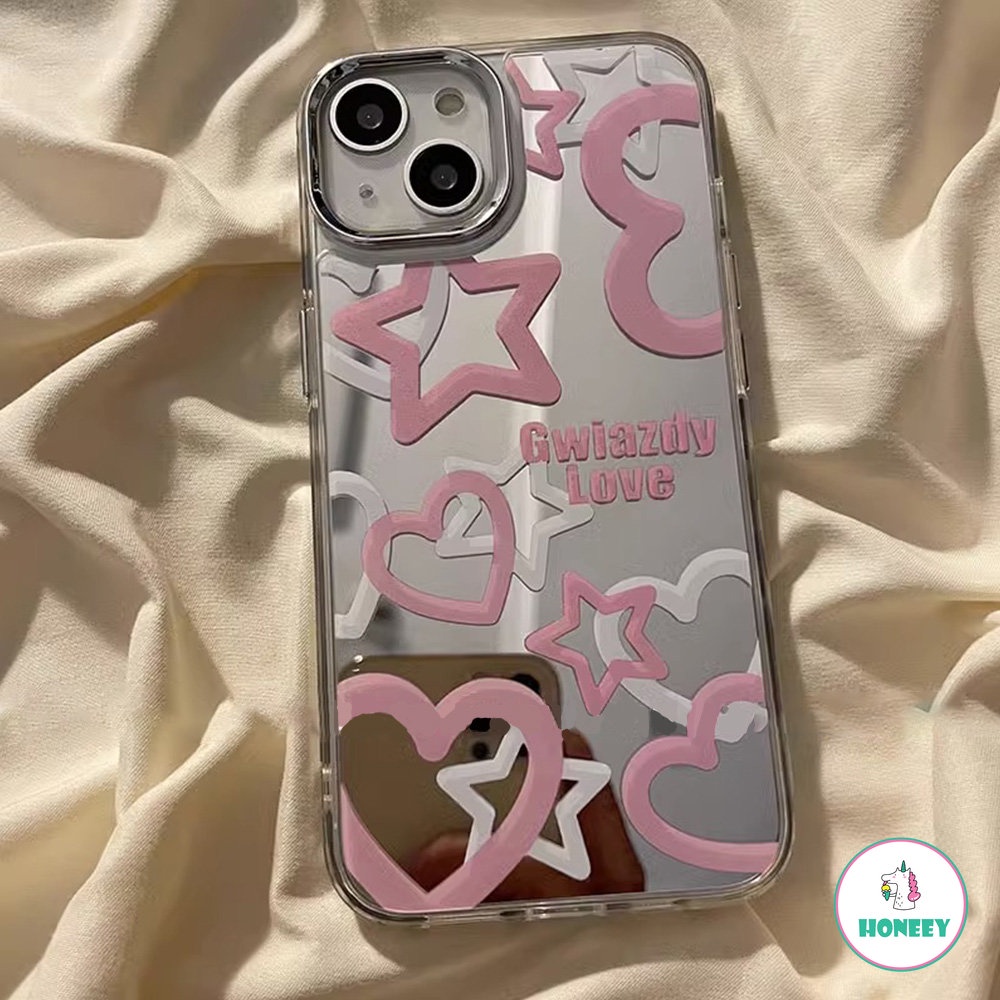 IPHONE Ins Korea Mirror Phone Case Untuk Apple14 Phone Case Untuk Iphone11 12 13 Pro Max Cinta Hati Bintang Shockproof Soft Cover Pelindung