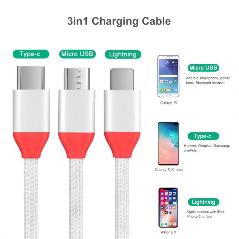 IPHONE 3in1 Kabel USB Portabel 3A Pengisian Cepat USB C Cable Type-C Micro USB Lightning Untuk Iphone14 13 12 Pro Max Samsung Kabel Charge Handphone