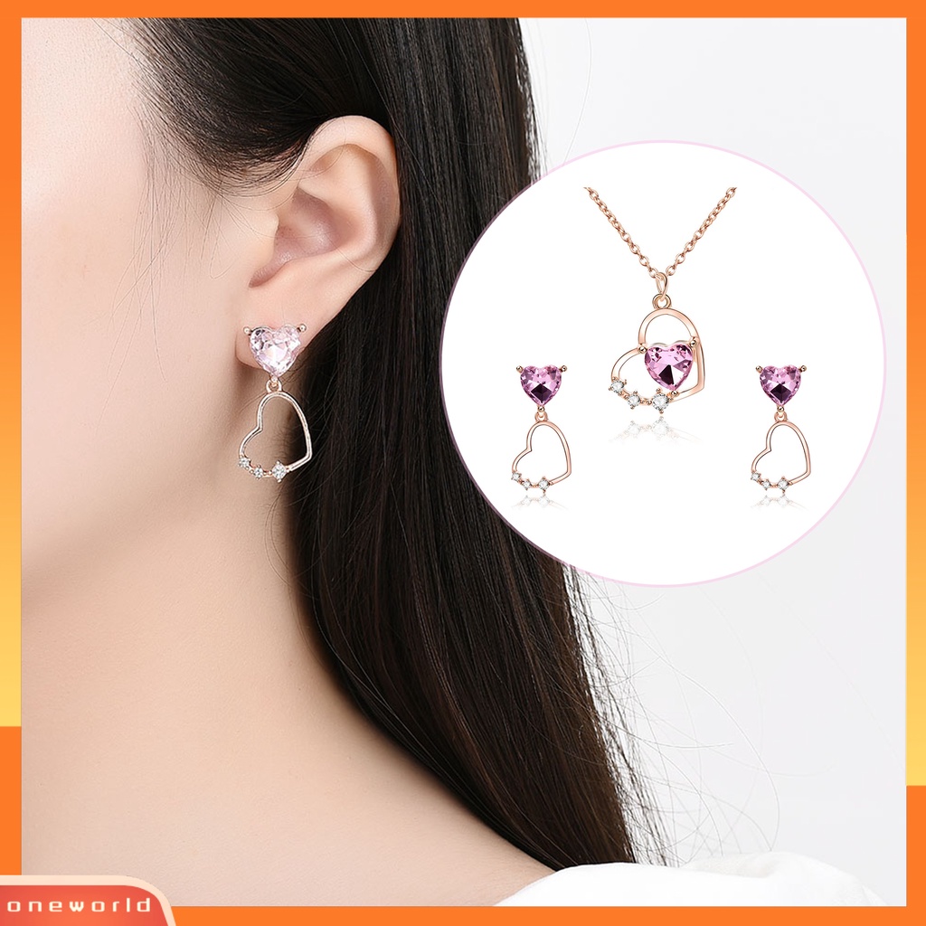 [ONE] 1set Perhiasan Aksesoris Liontin Hati Berlian Imitasi Mengkilap Kristal Imitasi Kalung Menjuntai Anting Set Perhiasan Wanita Aksesori