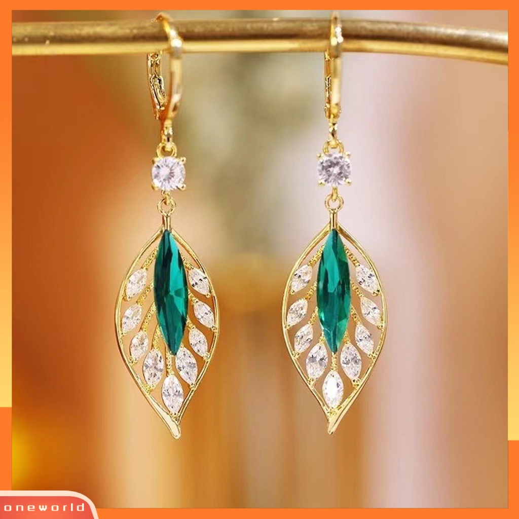 [ONE] 1pasang Anting Retro Berlian Imitasi Daun Anting Hoop Liontin Geometris Menakjubkan Pernyataan Perhiasan Untuk Wanita