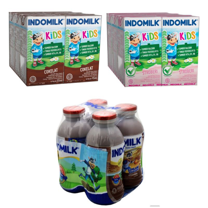 

(hanya instant) INDOMILK Kids Susu UHT strawberry Chocolate 115 ml paket isi 6 / botol cokelat 190ml paket isi 4