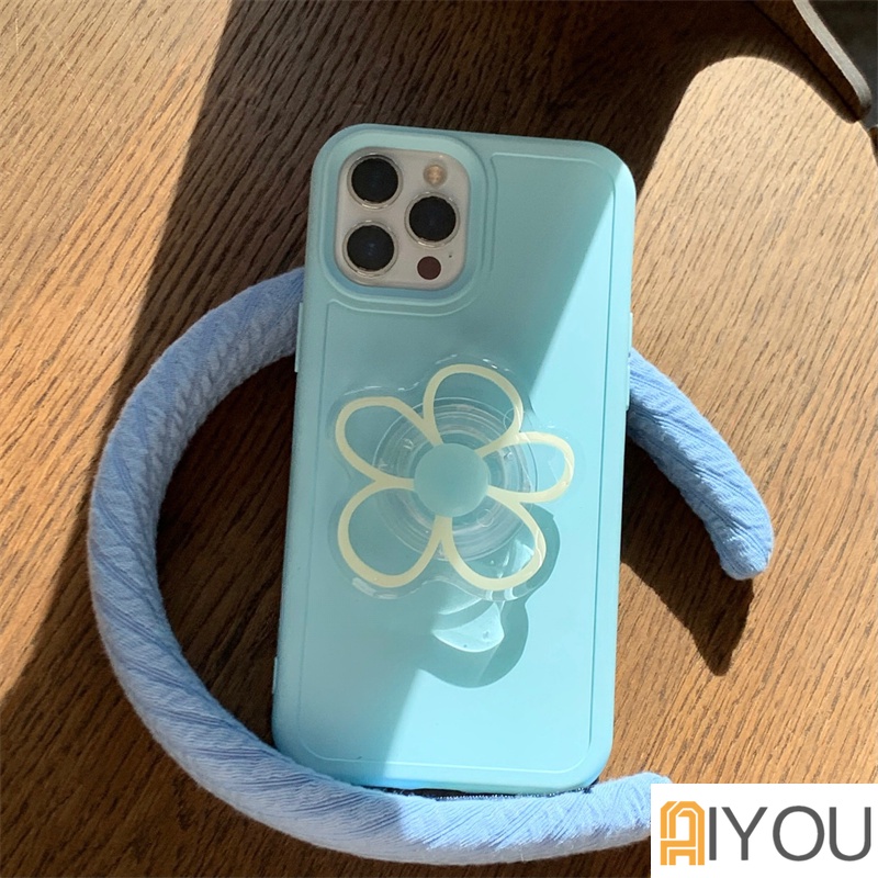 IPHONE Ins Korea Lovely Line Flower Bracket Bening Lembut Casing Ponsel Untuk Iphone14 12 11 13 Pro Max XR X XS Max Holder Shockproof Back Cover