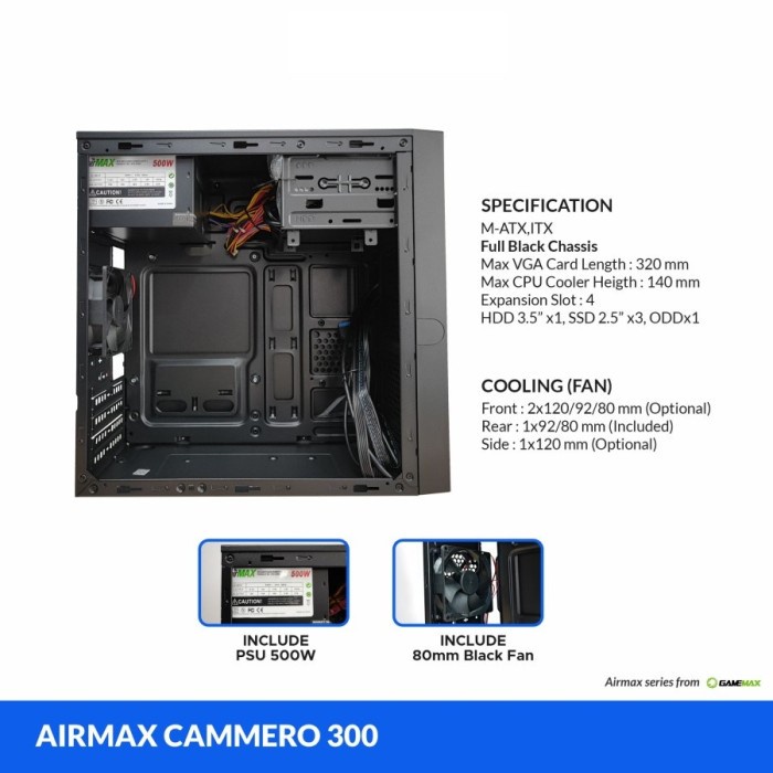 Casing Airmax Cammero 300 Micro-ATX PC Case with 500W Power Supply