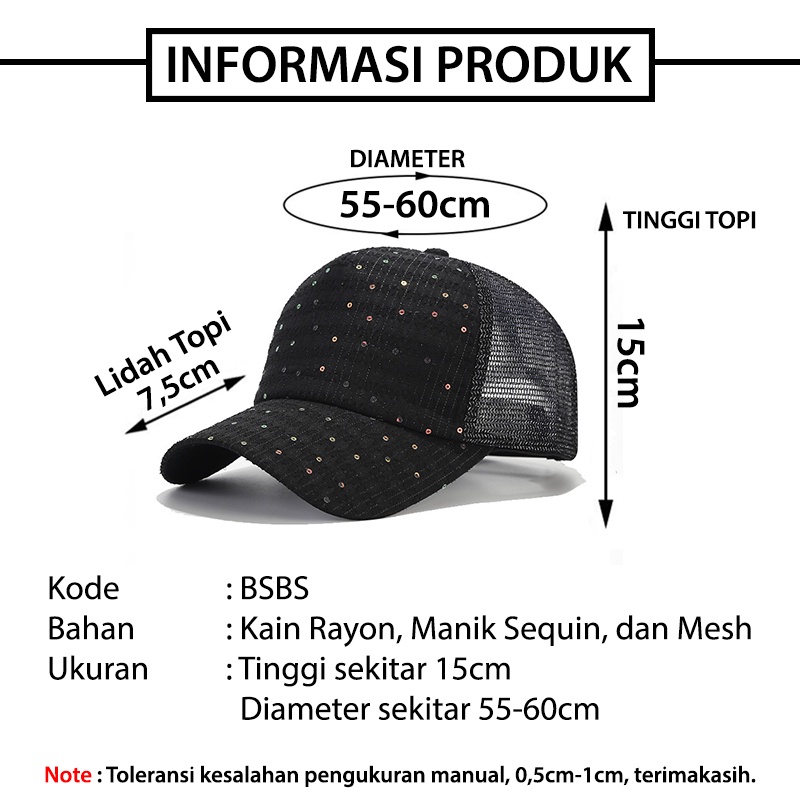 Topi Baseball Pria Wanita Dewasa Polos Sequin Trucker Hat Gaya Korea Fashion Casual Kekinian BSBS