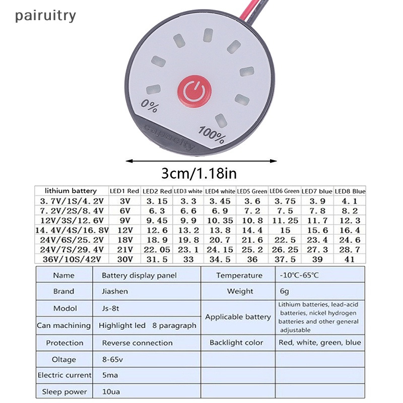 Prt 12V 24V 36V Indikator Kapasitas Lithium 3S 4S 6S 7S 10S Power Level Meter LED Display Li-ion Tester PRT