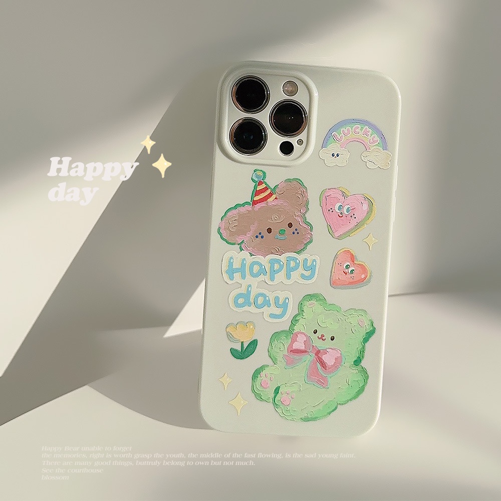 IPHONE Happy DAY Lukisan Cat Minyak Kartun Lucu Mainan Beruang Pelindung Lensa Kamera Phone Case Cover Untuk Iphone11 12 13 14 PLUS PRO MAX