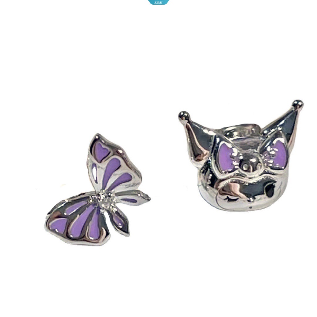 Sanrio Kuromi Warna Perak Kupu-Kupu Zirkon Studs Earrings Desain Tiga Dimensi Double Layer Wing Earrings Perhiasan Wanita [ZK]