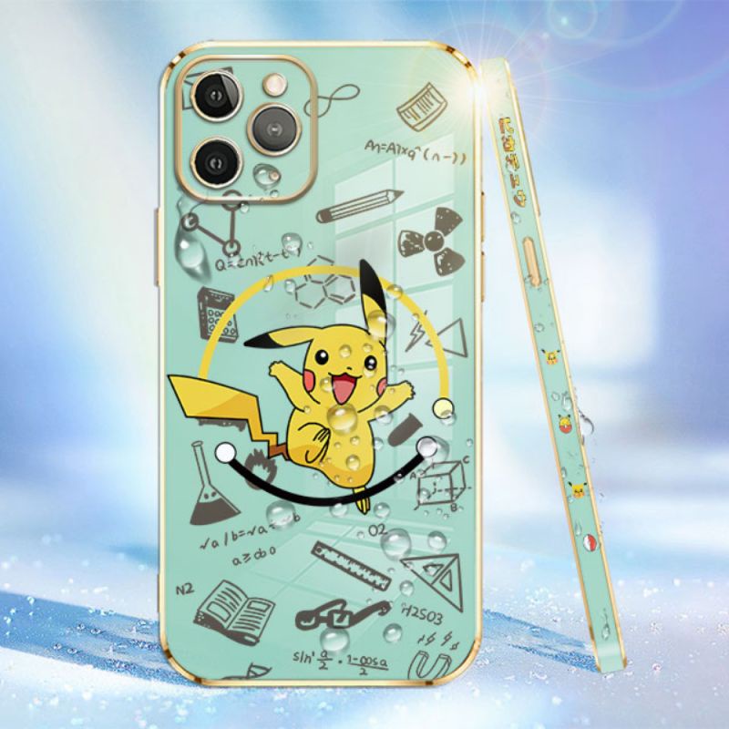 Pokemon Pikachu Phone Case for Oppo A9X A92019 F11 11PRO RENO RENO34G F15 A91 RENO44G RENO54G/5G RENO5K RENO64G RENO74G RENO84G F21PRO4G F21SPRO4G RENO7Z5G RENO8Z A9 Luxury Electroplated Square Frame Silicone Case Soft Shockproof Phone Back Cover