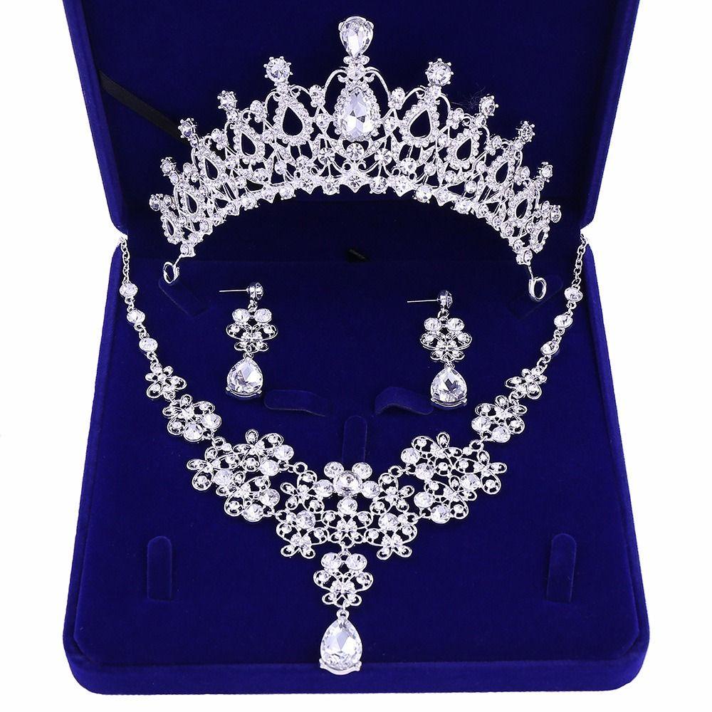 Needway Set Perhiasan Pernikahan Pengantin Temperamen Indah Hadiah Anniversary Elegan Berlian Imitasi Tiara Drop Anting Mahkota Set Perhiasan