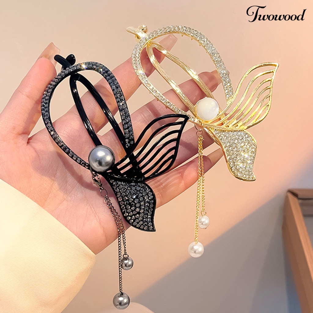 Twowood Mutiara Imitasi Rumbai Rambut Jepit Anti slip Gigi Indah Fishtail Twist Shape Rhinestone Hair Claw Styling Tool