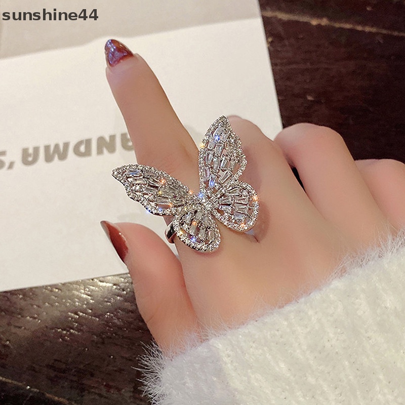 Cincin Kupu-Kupu Sunshine Zircon Permata Batu Pembukaan Berlebihan Cincin Buku Jari Besar ID