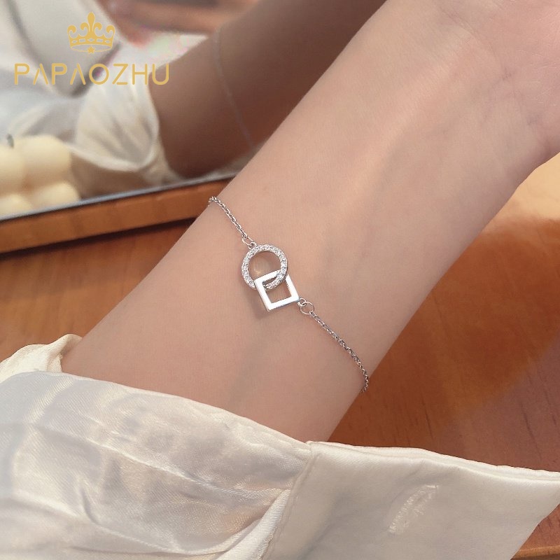 Papaozhu Korea S925 Perak Zirkon Berkilau Persegi Lingkaran Pesona Gelang Untuk Wanita Gadis Minimalis Geometris Pergelangan Tangan Rantai Gelang Perhiasan Aksesoris