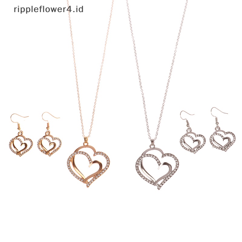 {rippleflower4.id} Indah Ganda Hati Kalung Anting Set Perhiasan Pesona Wanita Perhiasan Fashion Bridal Aksesori Set Hadiah Romantis~
