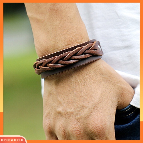 [WOD] Pria Keren Gaya Klasik Rajutan Kulit Bangle Punk Wristband Cuff Bracelet