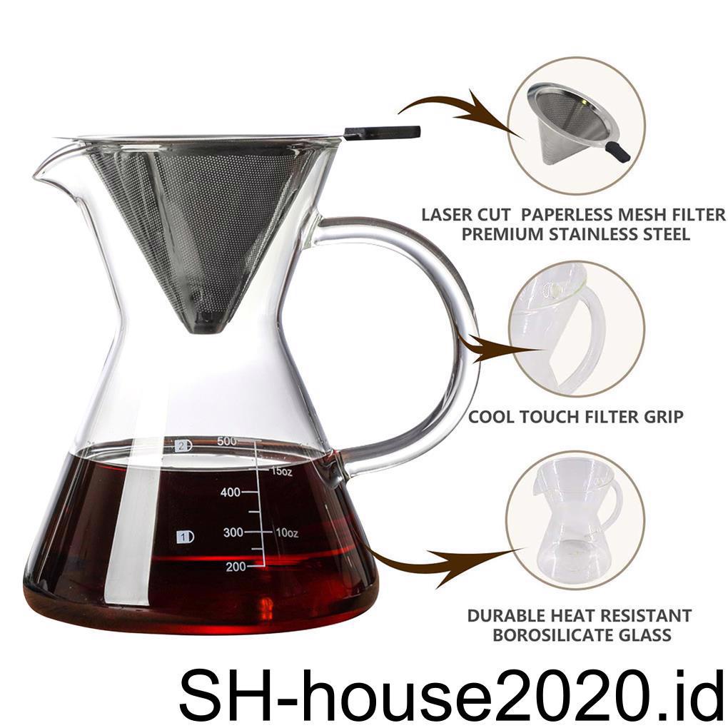 Teko Kopi Kaca 500ml Dengan Stainless Pot Dripper Steel Filter Coffee Untuk Rumah Kantor