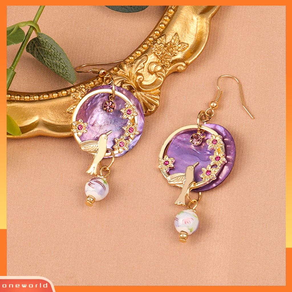 [WOD] 1pasang Anting Menjuntai Pengerjaan Halus Motif Bunga Burung Kreatif Embos Ungu Wanita Earring Clip Untuk Pesta