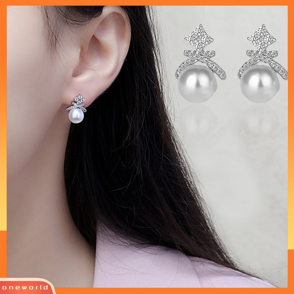 [WOD] 1pasang Ear Studs Hias Zircon Berlian Imitasi Mutiara Imitasi Bentuk Mahkota Electroplated Ear Ornament Tahan Luntur Aesthetic Fashion Pesta Lady Stud Earrings Untuk Pacaran