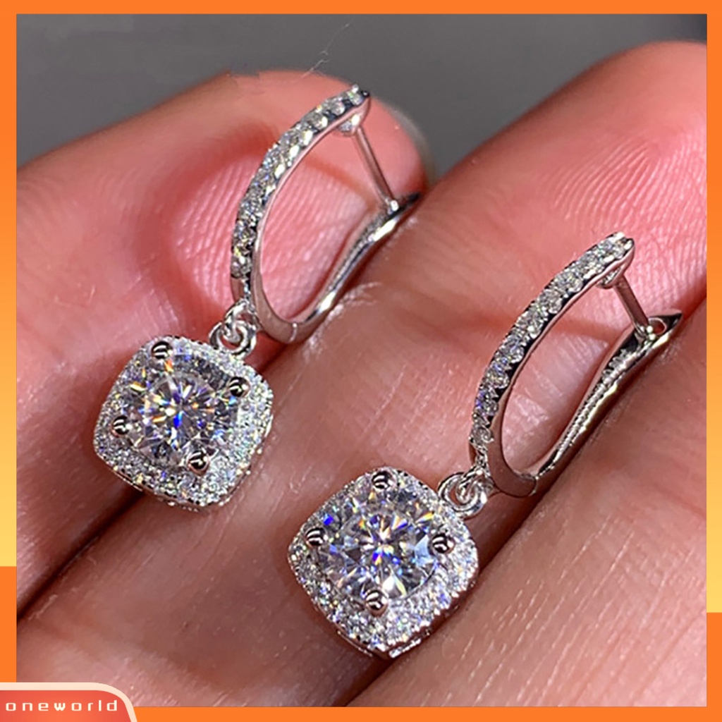 [WOD] 1pasang Anting Gesper Telinga Liontin Persegi Gaya Korea Perhiasan Berkilau Cubic Zirconia Drop Earrings Untuk Pesta