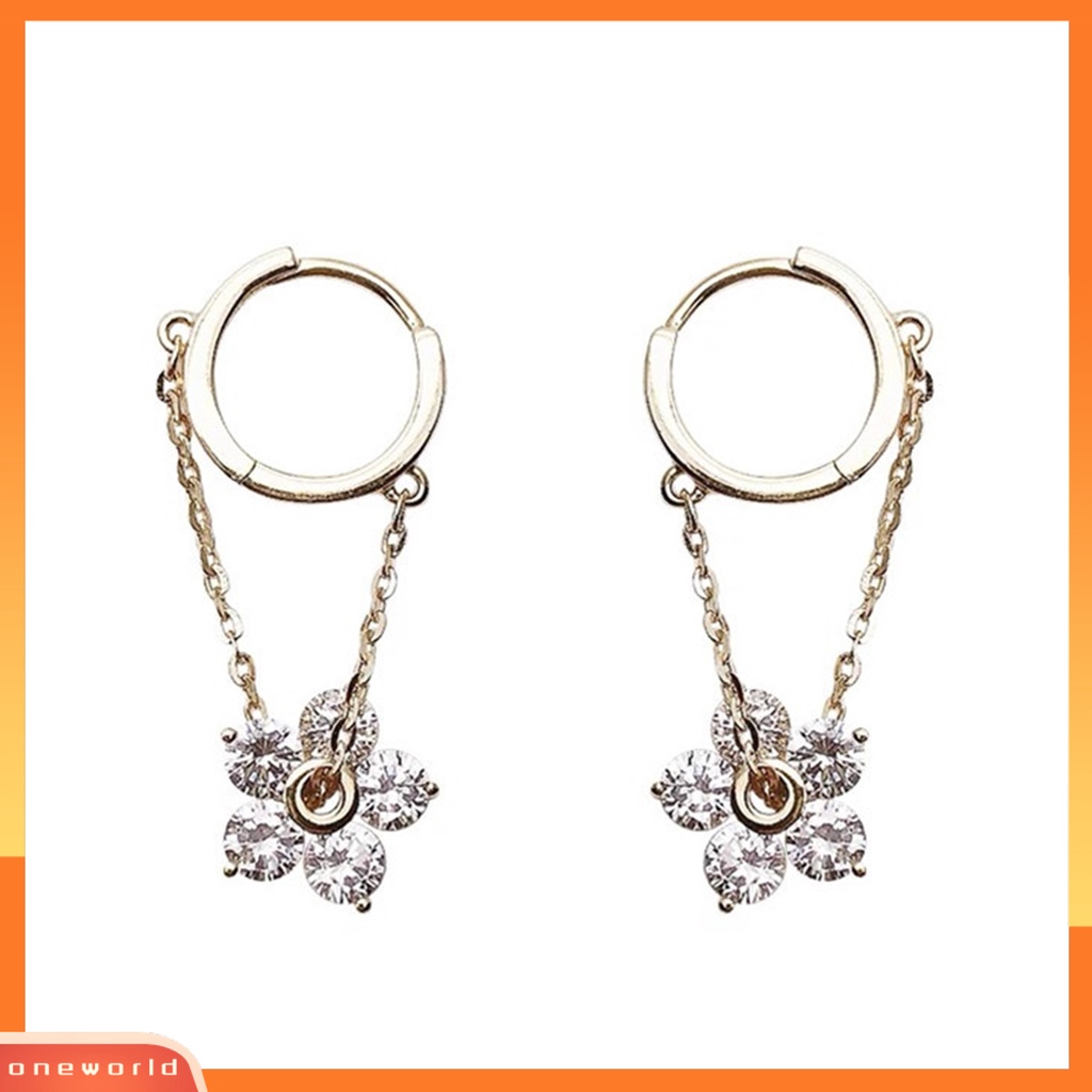 [WOD] 1pasang Tindik Klip Anting Rantai Desain Bunga Emas Menjuntai Anting-Anting Perhiasan Aksesori