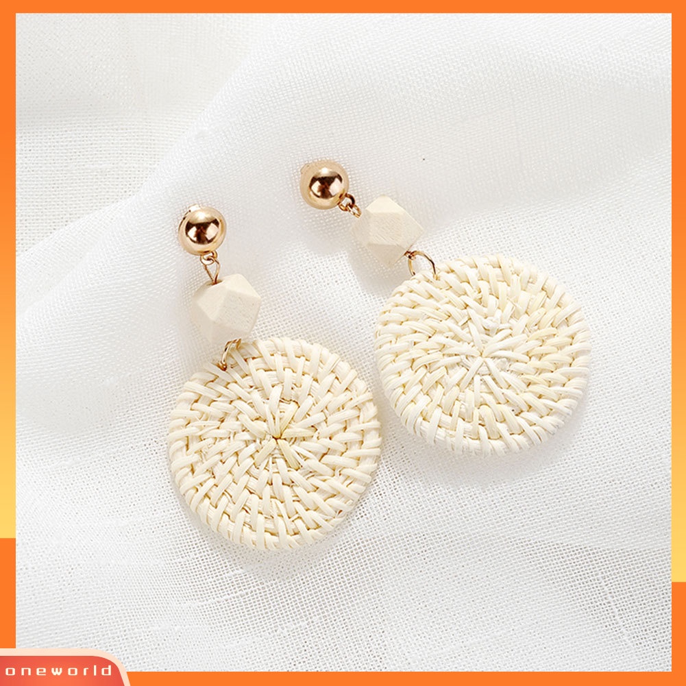 [WOD] Bohemian Pantai Anyaman Rotan Bulat Drop Statement Wanita Stud Earrings Perhiasan
