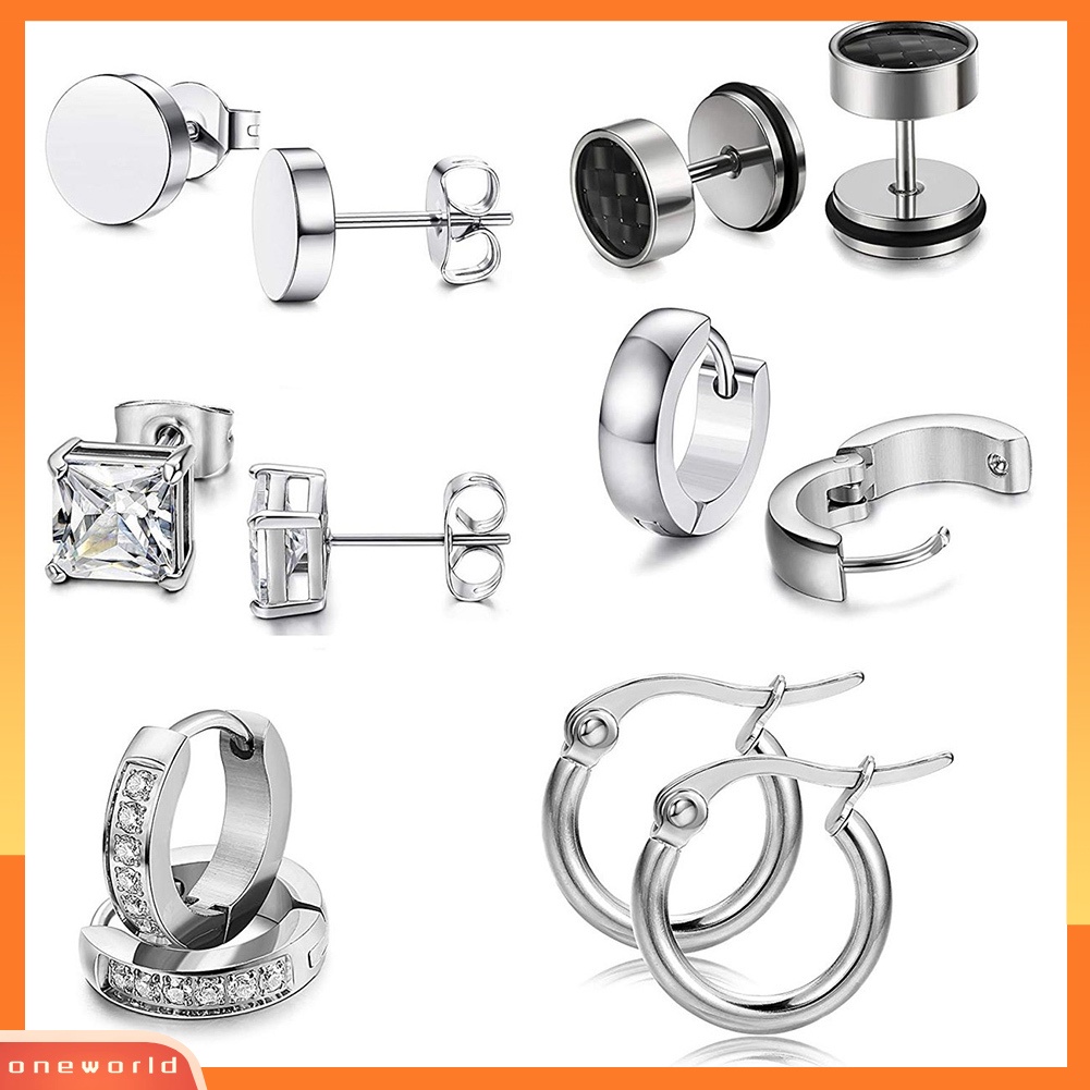 [WOD] 6pasang Perhiasan Anting Huggie Stud Hias Berlian Imitasi Stainless Steel Unisex